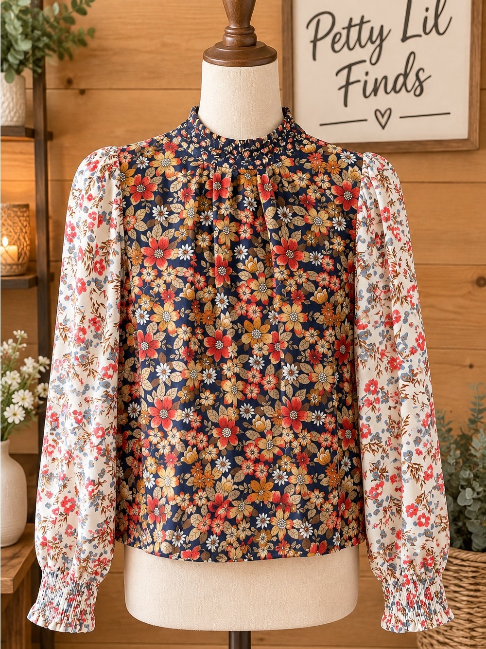 Umgee Floral Mixed-Print Peasant Blouse - Navy & Cream